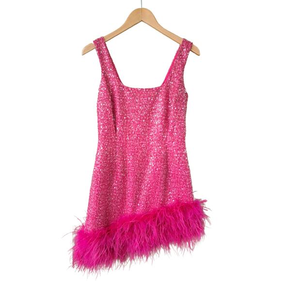 NADINE MERABI Hot Pink Evie Sequin Feather Trim Mini Dress Sz 6 Small Prom - Picture 14 of 16